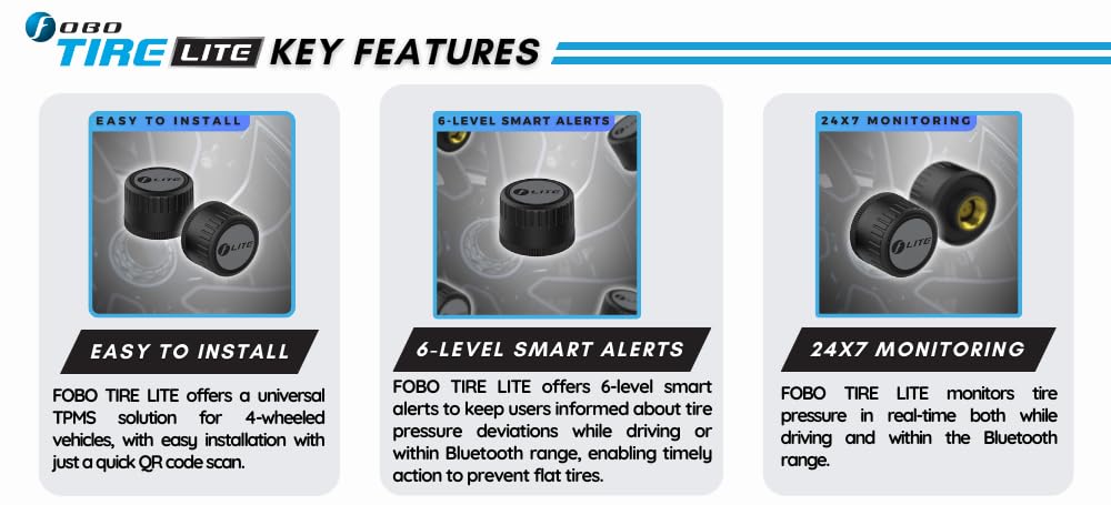 FOBO TIRE LITE TPMS Sensor - Wireless Tire Pressure Monitoring System with Bluetooth 5.0 | Real-Time Tire Pressure Sensor | Easy DIY Installation for Car SUV & 4x4 | Compatible with iOS & Android