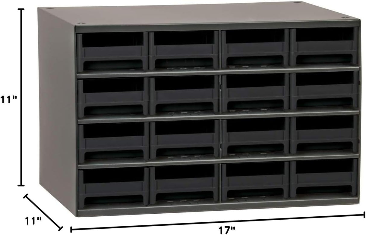 Akro-Mils Steel Garage Storage Cabinet, Small Parts Organizer Metal Cabinet for Hardware, Nails, Screws, Bolts, Nuts, and More, 17" W x 11" D x 11" H, 16-Drawer, Gray Cabinet/Black Drawers (19416)