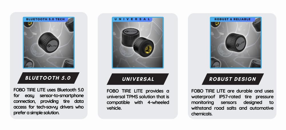 FOBO TIRE LITE TPMS Sensor - Wireless Tire Pressure Monitoring System with Bluetooth 5.0 | Real-Time Tire Pressure Sensor | Easy DIY Installation for Car SUV & 4x4 | Compatible with iOS & Android