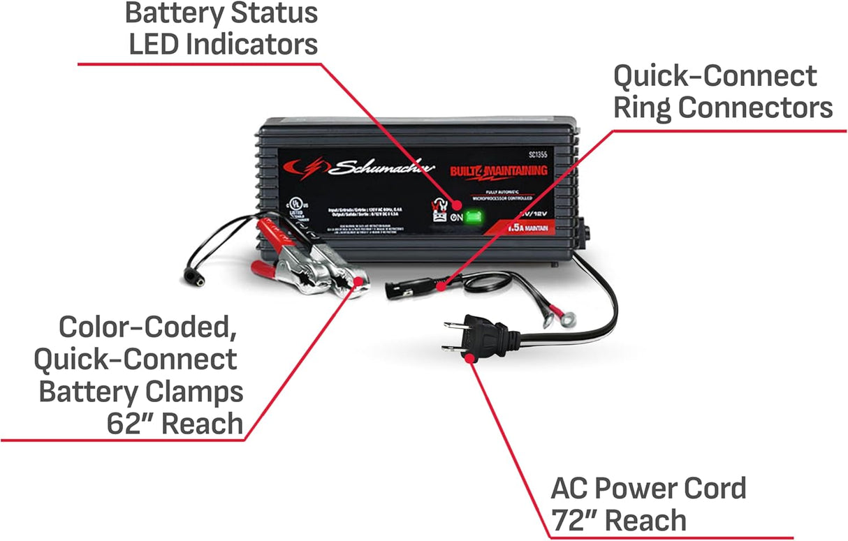 Schumacher Electric 1.5A Car Battery Charger and Maintainer, 3-in-1 Solution, for 6V/12V Power Sport, Automotive, and Marine Batteries, SC1355