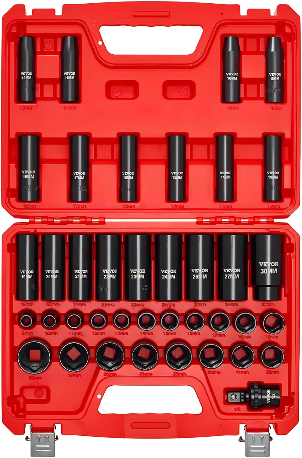 VEVOR 1/2" Drive Impact Socket Set, 65 Piece SAE 3/8" to 1-1/4" and Metric 10-24mm, 6 Point Cr-V Alloy Steel for Auto Repair, Easy-to-Read Size Markings, Rugged Construction, Storage Case