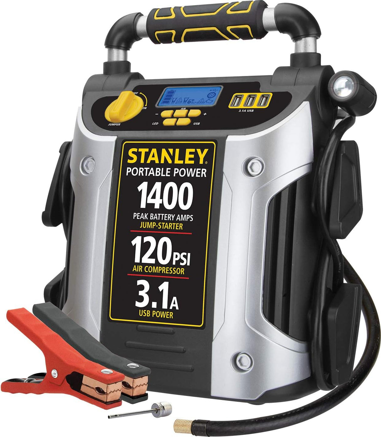 STANLEY 1000 Peak Amp Automotive Jump Starter, Portable Power – 2.1A/10W USB Port, 12V Outlet, 120 PSI Air Compressor for Tires, Bikes & Sports Equipment
