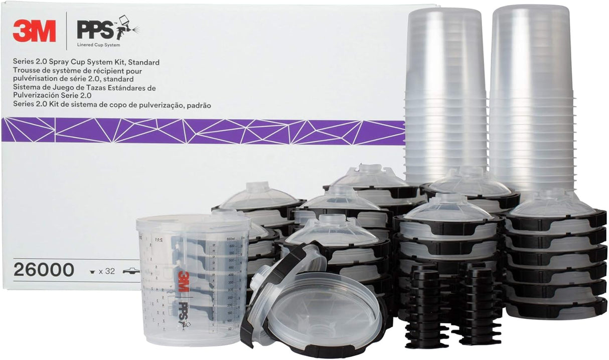 3M 26000 PPS 2.0 Spray Gun Cup, Lids and Liners Kit, Standard, 200-Micron Filter, 22 Ounces, BLACK,SILVER