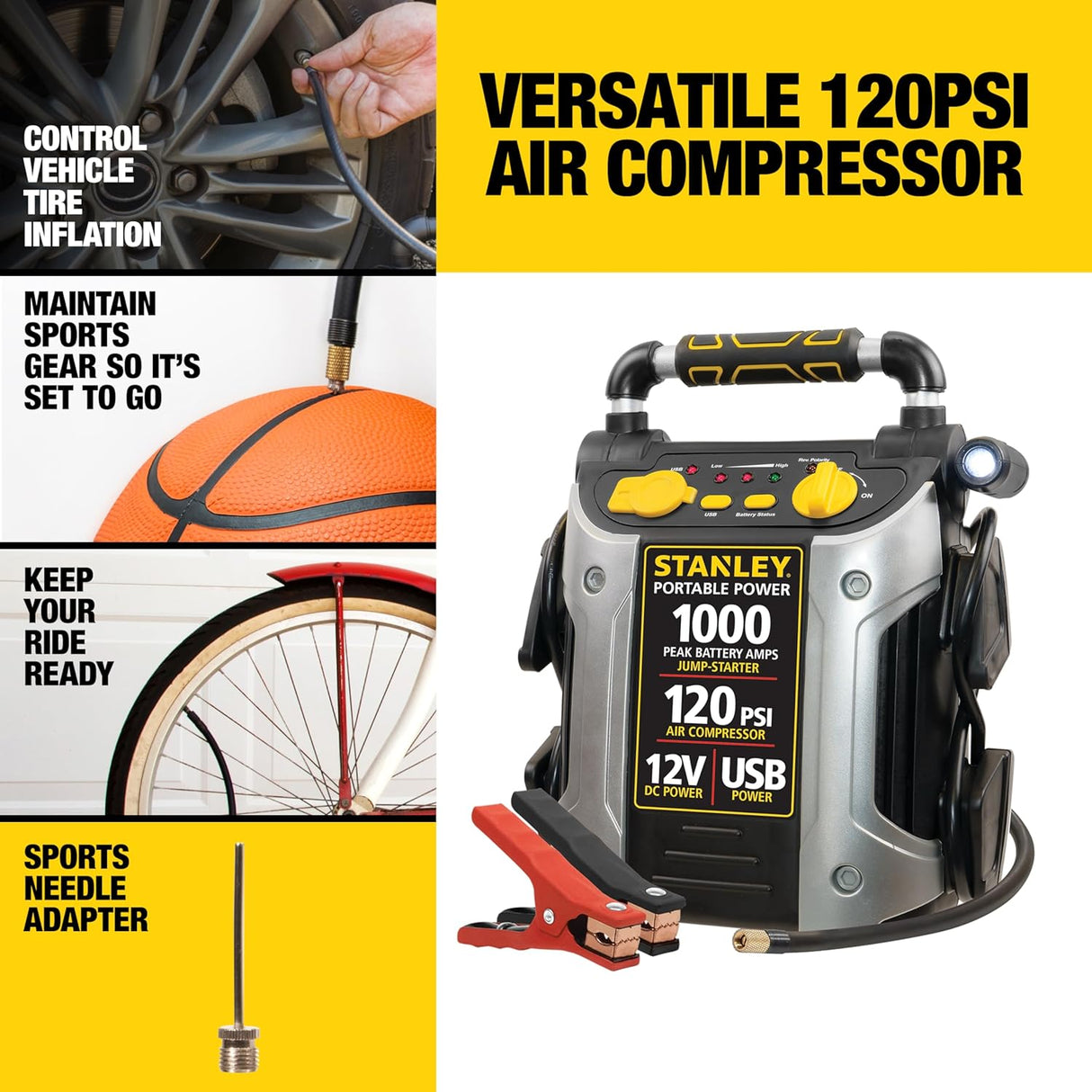 STANLEY 1000 Peak Amp Automotive Jump Starter, Portable Power – 2.1A/10W USB Port, 12V Outlet, 120 PSI Air Compressor for Tires, Bikes & Sports Equipment