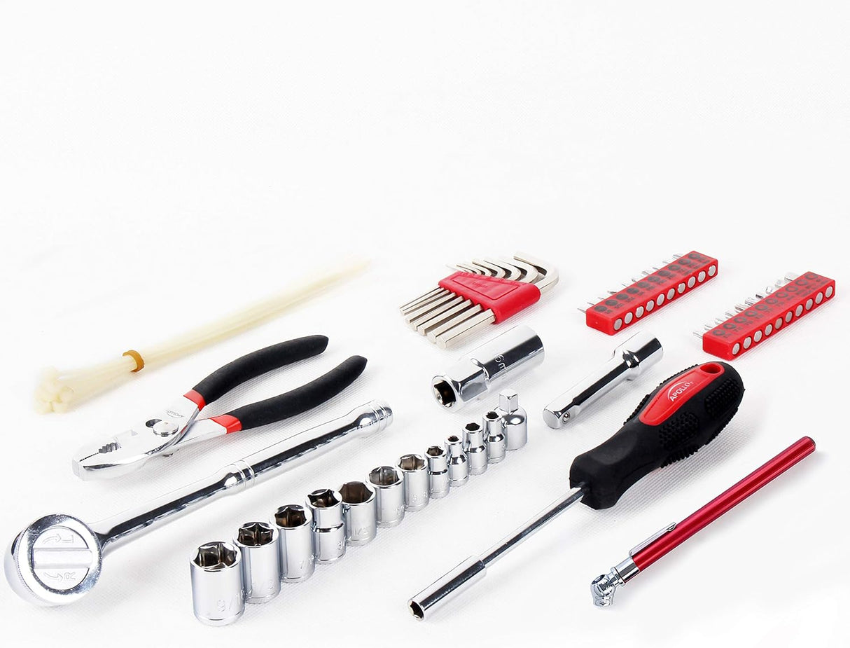 Apollo Tools 56 Piece Compact SAE Auto Tool Set in Zippered Case, Small Mechanic Tool Set for Car Emergency, Motorcycle Repair on the Road, Great for Travel Tool Needs - Red - DT9774