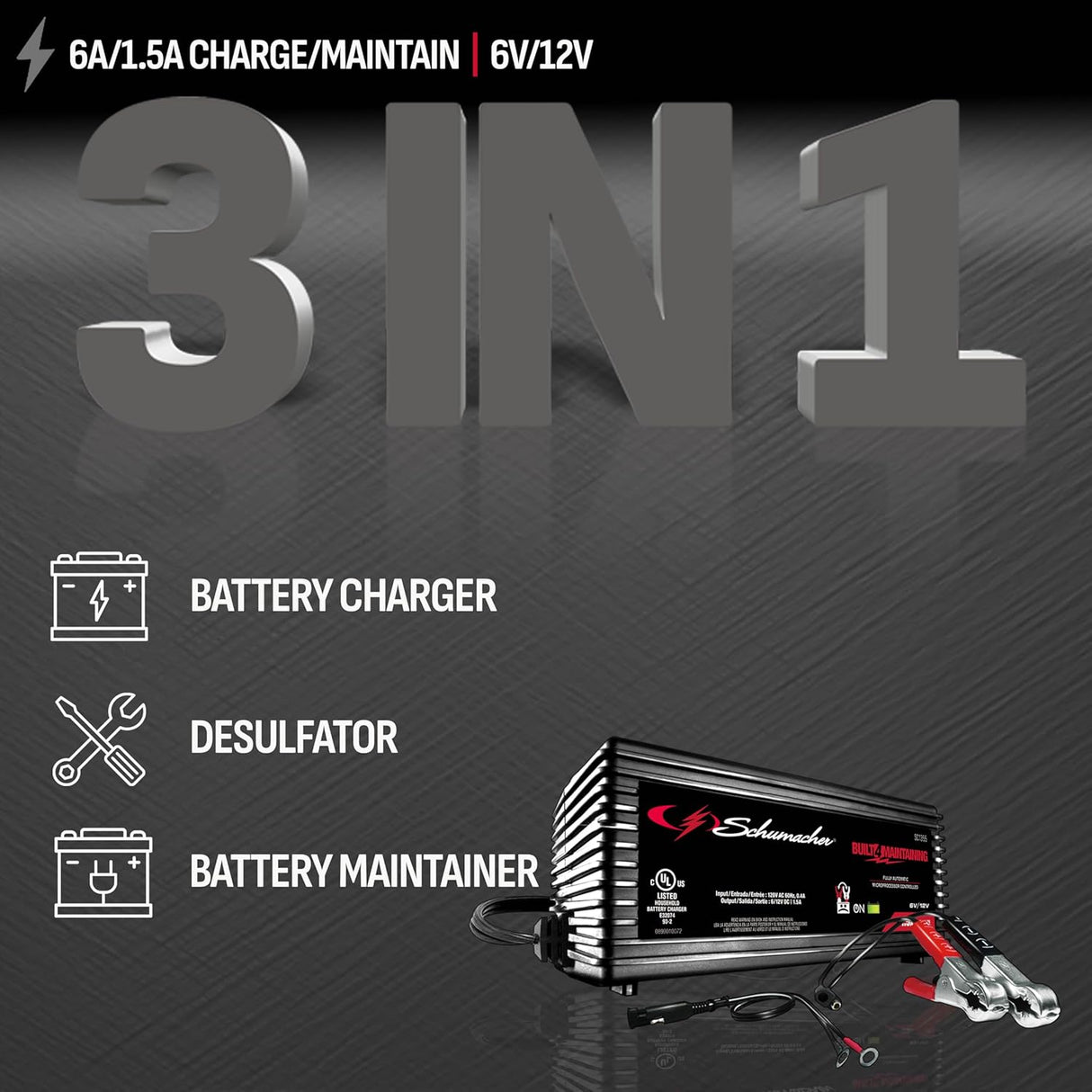 Schumacher Electric 1.5A Car Battery Charger and Maintainer, 3-in-1 Solution, for 6V/12V Power Sport, Automotive, and Marine Batteries, SC1355