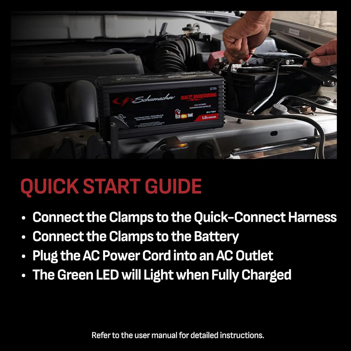 Schumacher Electric 1.5A Car Battery Charger and Maintainer, 3-in-1 Solution, for 6V/12V Power Sport, Automotive, and Marine Batteries, SC1355