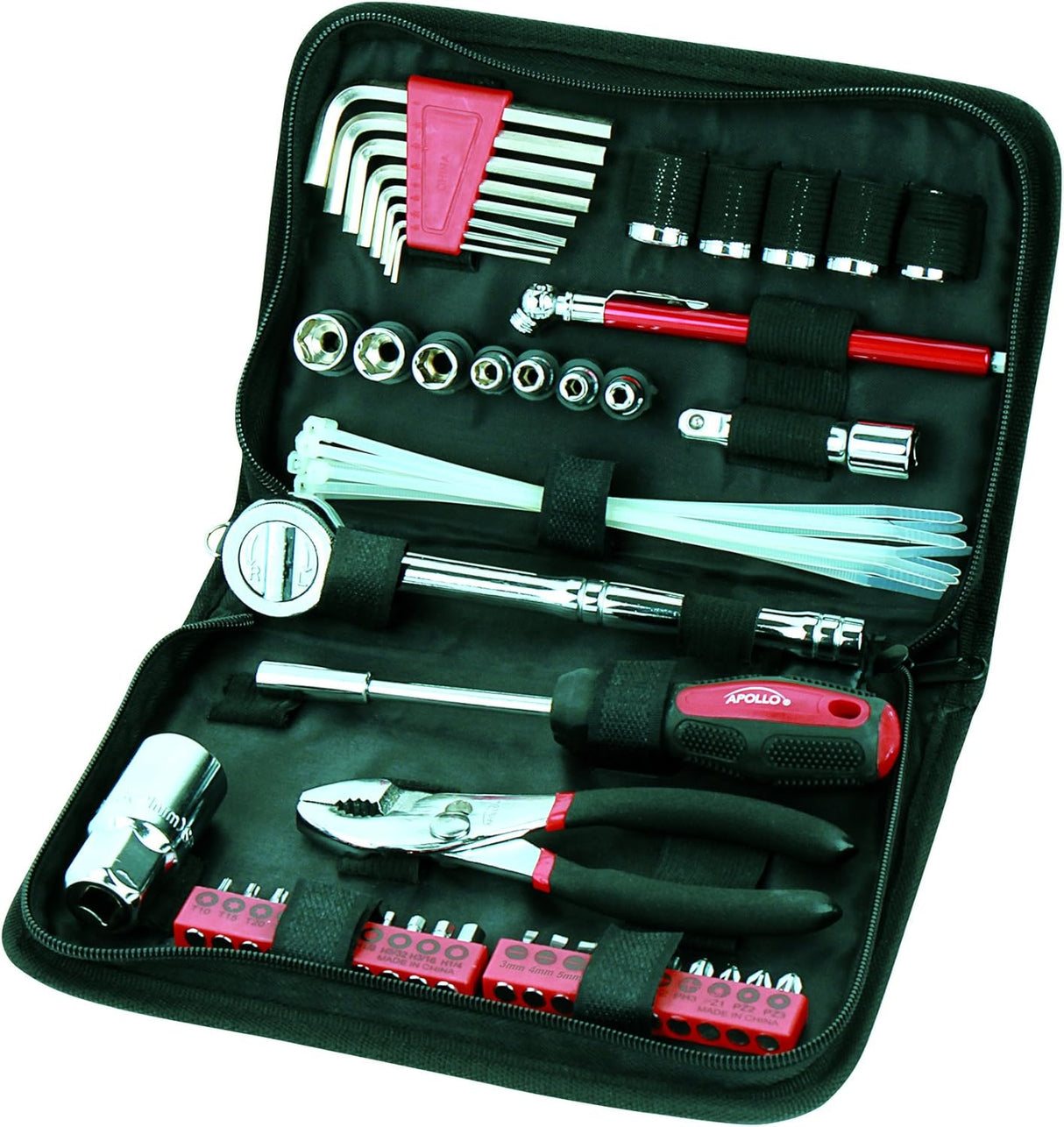 Apollo Tools 56 Piece Compact SAE Auto Tool Set in Zippered Case, Small Mechanic Tool Set for Car Emergency, Motorcycle Repair on the Road, Great for Travel Tool Needs - Red - DT9774