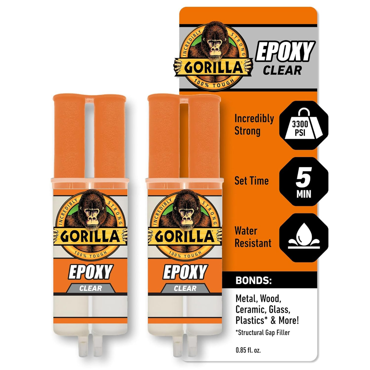 Gorilla 2 Part Epoxy, Clear Epoxy, 0.85 Ounce Syringe (Pack of 1) - 5 Minute Set, Incredibly Strong Bonding