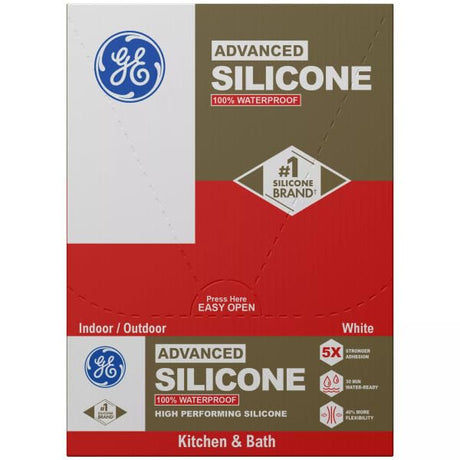 GE Advanced Silicone Caulk for Kitchen & Bathroom, White, 2.8 fl oz Tube, 12 Pack - 100% Waterproof Silicone Sealant, 5X Stronger Adhesion, Shrink & Crack Proof
