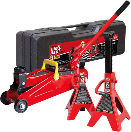 BIG RED T82001S Torin Hydraulic Trolley Service/Floor Jack Combo with 2 Jack Stands and Blow Mold Carrying Storage Case, 2 Ton (4,000 lb) Capacity, Red