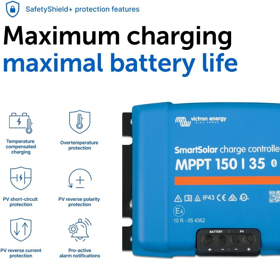 Victron Energy SmartSolar MPPT Solar Charge Controller (Bluetooth) - Charge Controllers for Solar Panels - 150V 35 amp 12/24/36/48-Volt