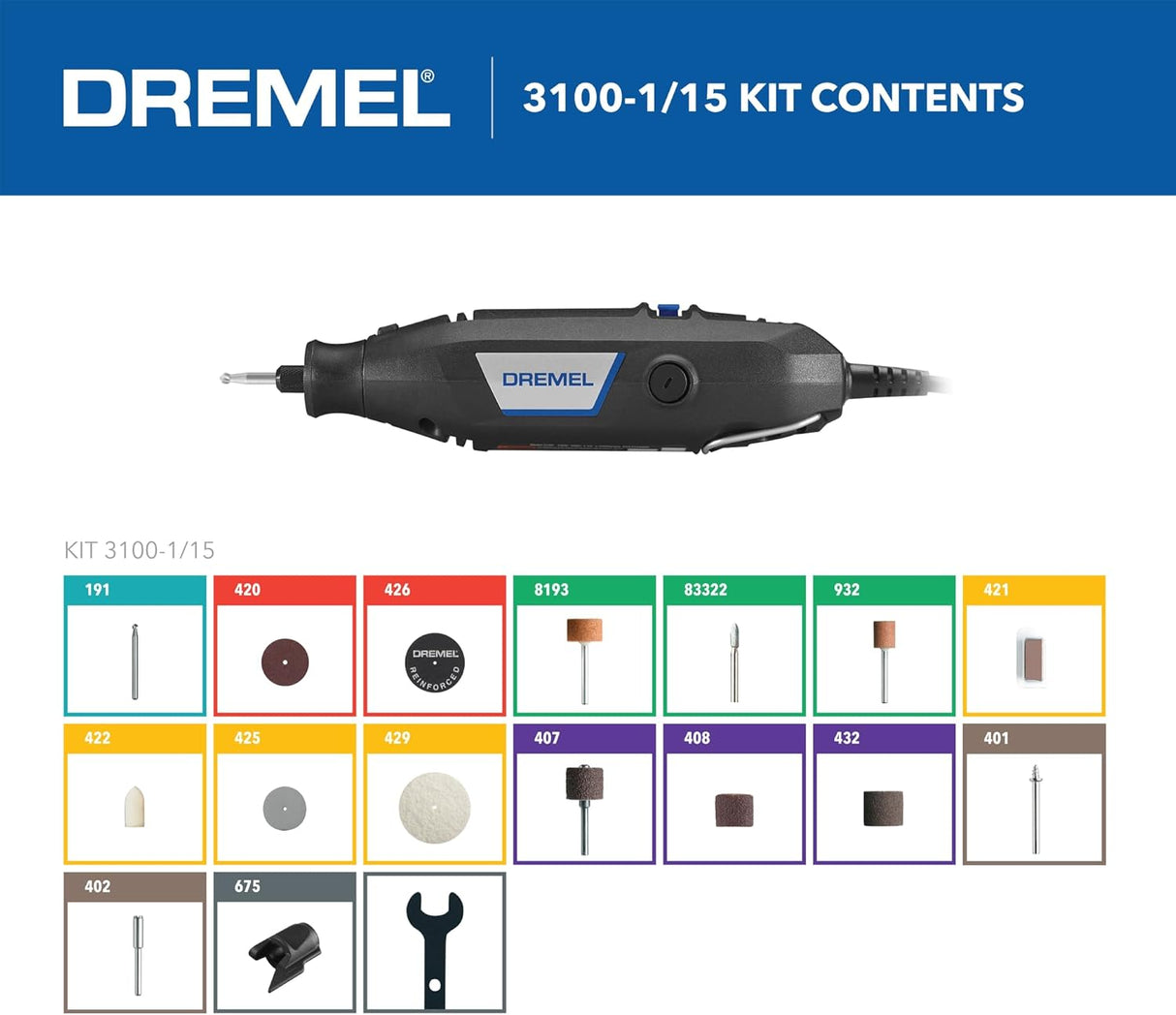 Dremel 3100-1/15 Variable Speed Rotary Tool Kit- 1 Attachment and 15 Accessories, Ideal for a Variety of Crafting and DIY Projects- Cutting, Sanding, Grinding, Polishing, Drilling, and Engraving
