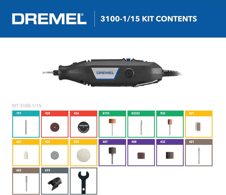 Dremel 3100-1/15 Variable Speed Rotary Tool Kit- 1 Attachment and 15 Accessories, Ideal for a Variety of Crafting and DIY Projects- Cutting, Sanding, Grinding, Polishing, Drilling, and Engraving
