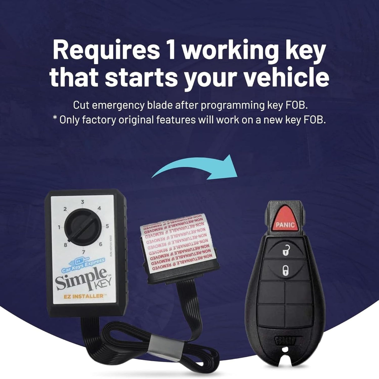 Simple Key, Key Fob and Key Programmer with Interchangeable 3 & 4 Button Keypads Compatible for Select Chrysler, Dodge, Jeep, Ram, Volkswagen Vehicles, Simple Key Replacement Kit