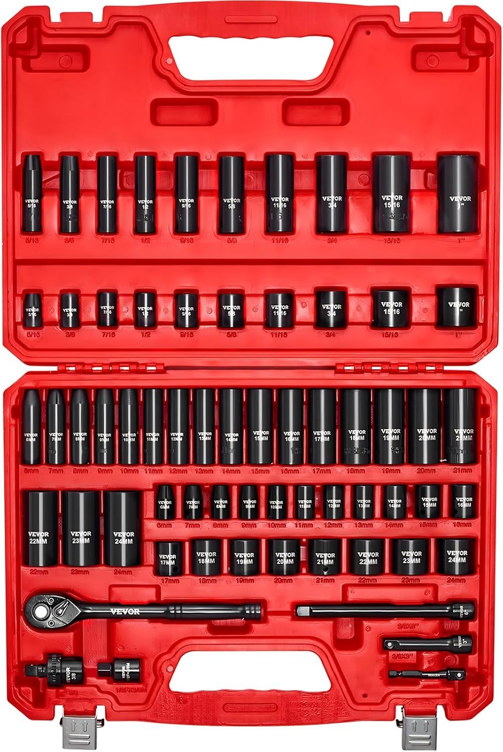 VEVOR 1/2" Drive Impact Socket Set, 65 Piece SAE 3/8" to 1-1/4" and Metric 10-24mm, 6 Point Cr-V Alloy Steel for Auto Repair, Easy-to-Read Size Markings, Rugged Construction, Storage Case