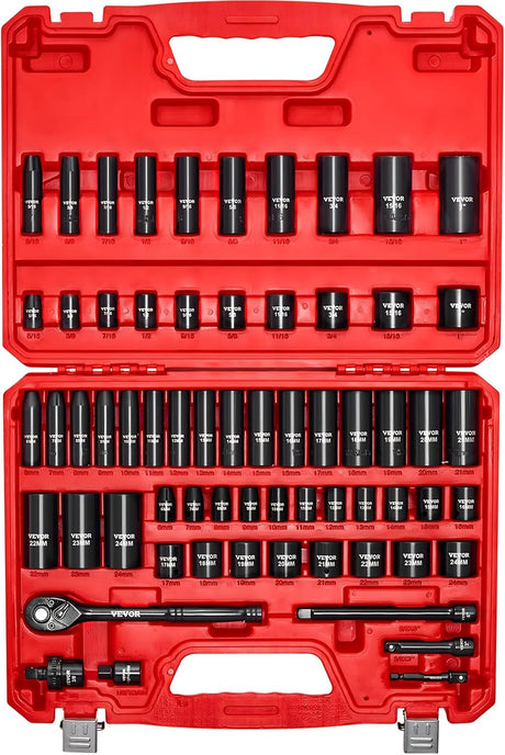 VEVOR 1/2" Drive Impact Socket Set, 65 Piece SAE 3/8" to 1-1/4" and Metric 10-24mm, 6 Point Cr-V Alloy Steel for Auto Repair, Easy-to-Read Size Markings, Rugged Construction, Storage Case