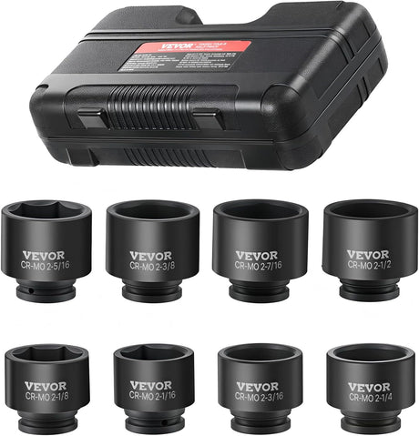 VEVOR 1/2" Drive Impact Socket Set, 65 Piece SAE 3/8" to 1-1/4" and Metric 10-24mm, 6 Point Cr-V Alloy Steel for Auto Repair, Easy-to-Read Size Markings, Rugged Construction, Storage Case