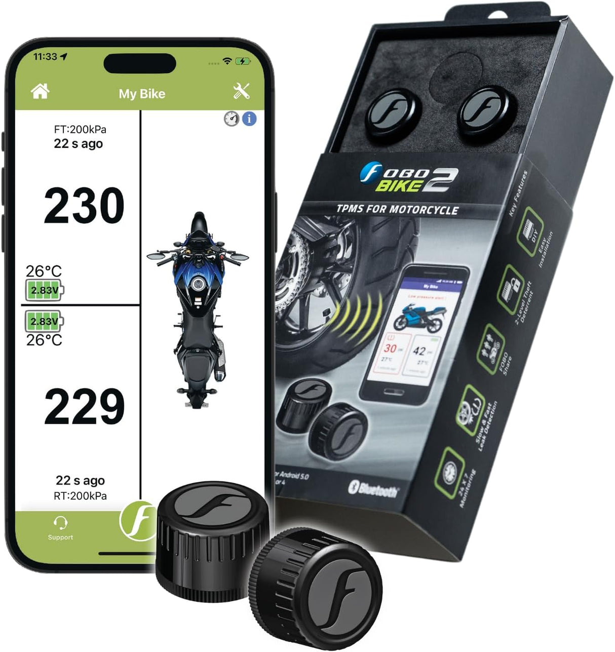 FOBO Bike 2 TPMS (Black) - Wireless Tire Pressure Monitoring System with Bluetooth 5.0 | Real-Time Tire Pressure Sensor | Easy DIY Installation for Motorcycle | Compatible with iOS & Android