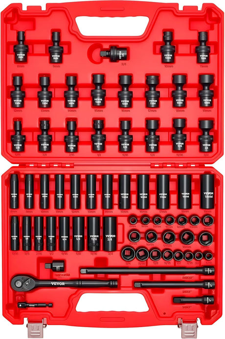 VEVOR 1/2" Drive Impact Socket Set, 65 Piece SAE 3/8" to 1-1/4" and Metric 10-24mm, 6 Point Cr-V Alloy Steel for Auto Repair, Easy-to-Read Size Markings, Rugged Construction, Storage Case