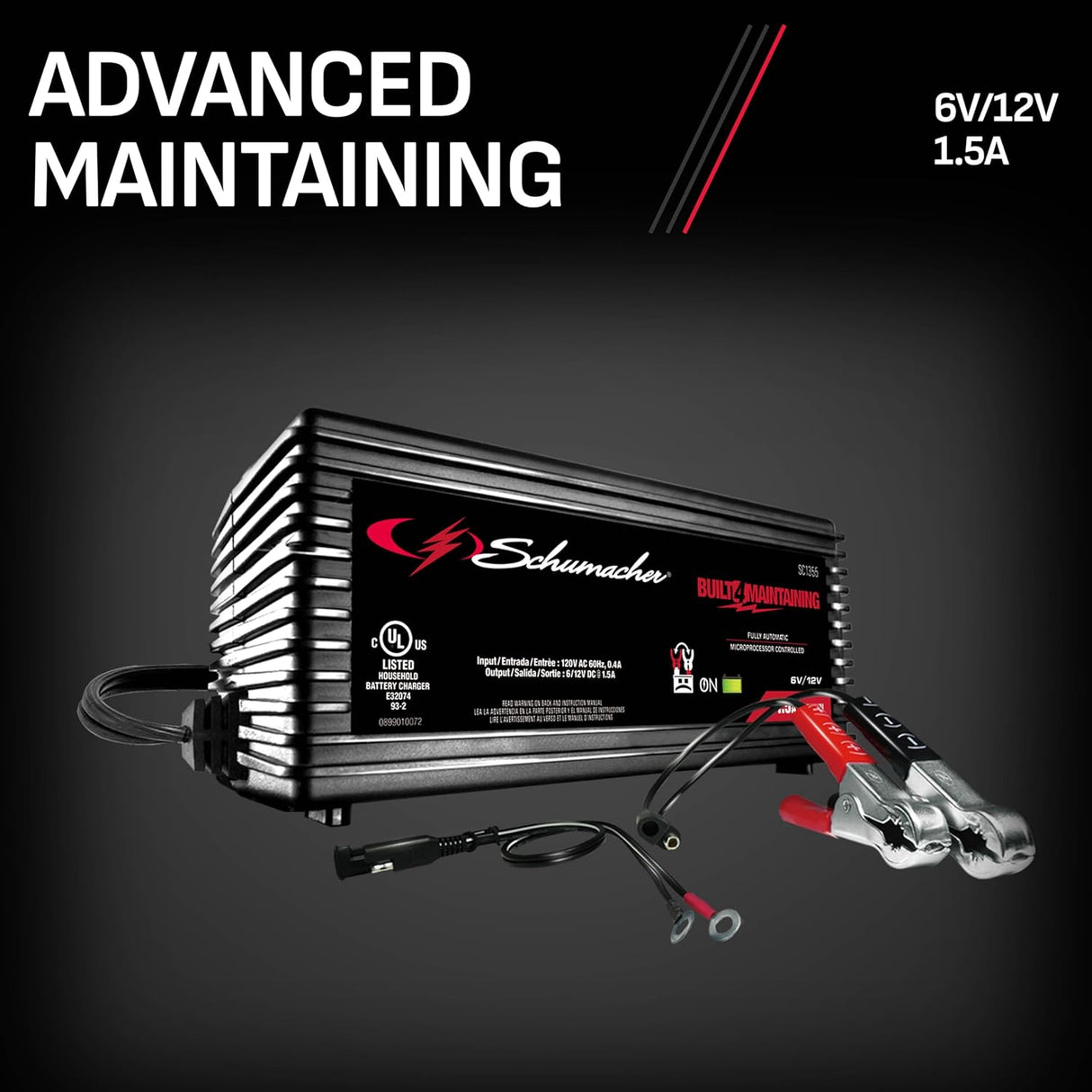 Schumacher Electric 1.5A Car Battery Charger and Maintainer, 3-in-1 Solution, for 6V/12V Power Sport, Automotive, and Marine Batteries, SC1355