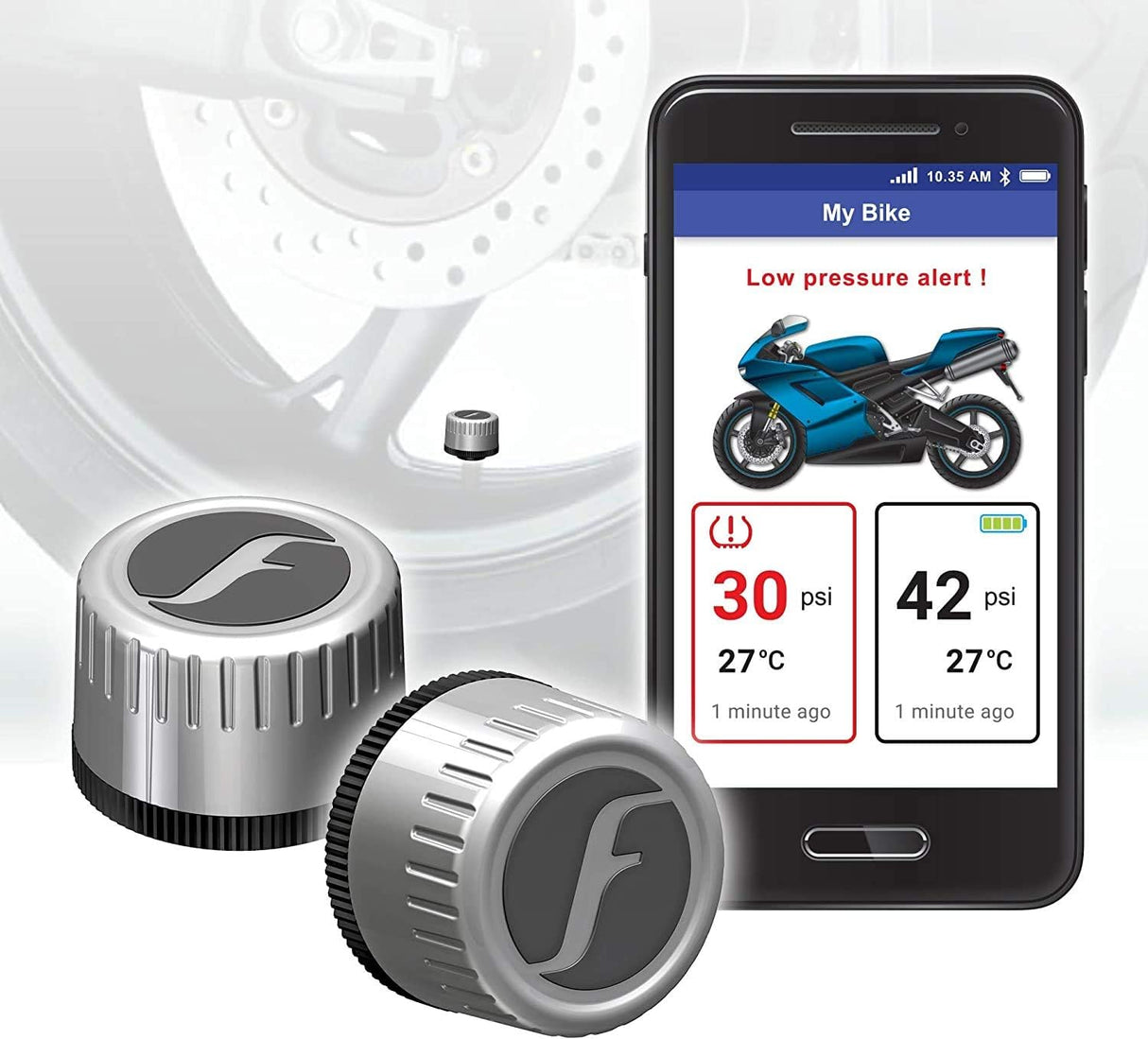 FOBO Bike 2 TPMS (Silver) - Wireless Tire Pressure Monitoring System with Bluetooth 5.0 | Real-Time Tire Pressure Sensor | Easy DIY Installation for Motorcycle | Compatible with iOS & Android