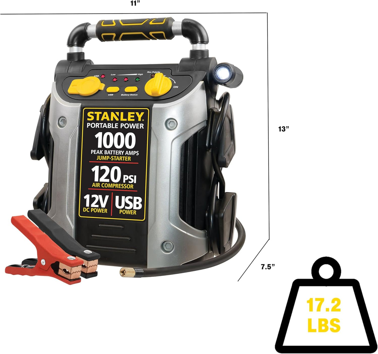 STANLEY 1000 Peak Amp Automotive Jump Starter, Portable Power – 2.1A/10W USB Port, 12V Outlet, 120 PSI Air Compressor for Tires, Bikes & Sports Equipment