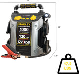 STANLEY 1000 Peak Amp Automotive Jump Starter, Portable Power – 2.1A/10W USB Port, 12V Outlet, 120 PSI Air Compressor for Tires, Bikes & Sports Equipment