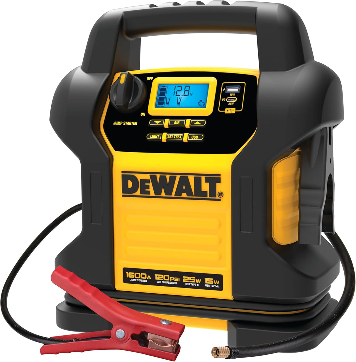 DEWALT DXAEPS14-Type2 2000 Peak Battery Amp 12V Automotive Battery Booster Jump Starter/Power Station with 120 PSI Compressor, 500W AC Power Inverter, and 15W USBa & 25W USB Ports