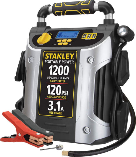 STANLEY 1000 Peak Amp Automotive Jump Starter, Portable Power – 2.1A/10W USB Port, 12V Outlet, 120 PSI Air Compressor for Tires, Bikes & Sports Equipment