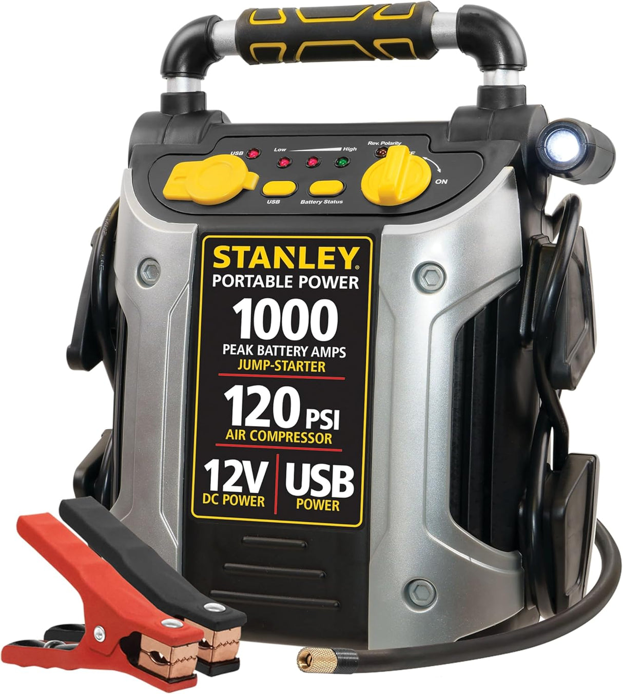 STANLEY 1000 Peak Amp Automotive Jump Starter, Portable Power – 2.1A/10W USB Port, 12V Outlet, 120 PSI Air Compressor for Tires, Bikes & Sports Equipment