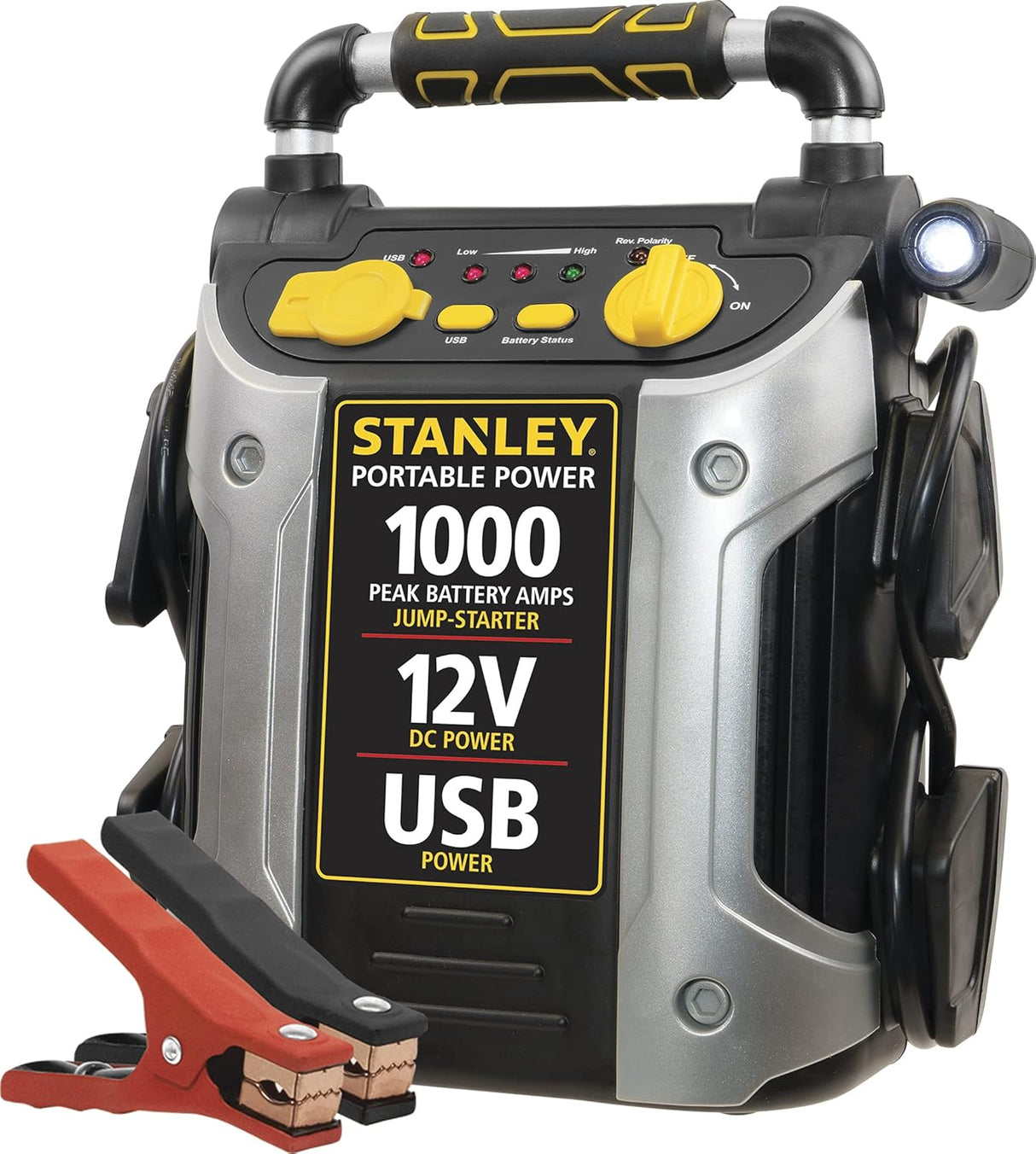 STANLEY 1000 Peak Amp Automotive Jump Starter, Portable Power – 2.1A/10W USB Port, 12V Outlet, 120 PSI Air Compressor for Tires, Bikes & Sports Equipment