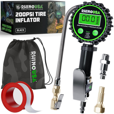Rhino USA Tire Pressure Gauge with Inflator (0-100 PSI) - Heavy Duty Air Chuck and Compressor Accessories with Stainless Braided Hose, Large Analog Dial and Solid Brass Hardware for Truck and RV