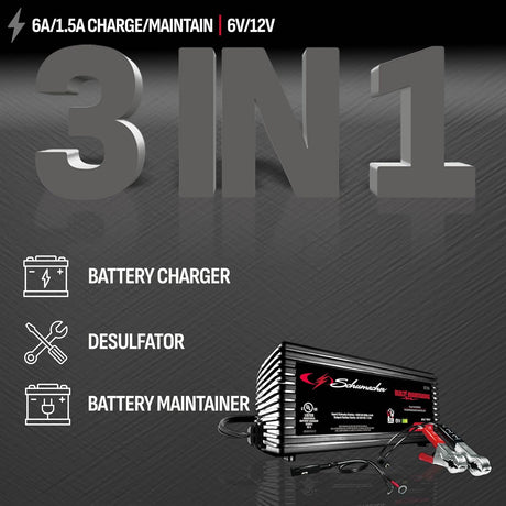 Schumacher Electric 1.5A Car Battery Charger and Maintainer, 3-in-1 Solution, for 6V/12V Power Sport, Automotive, and Marine Batteries, SC1355