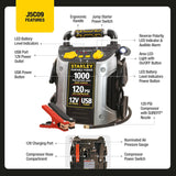 STANLEY 1000 Peak Amp Automotive Jump Starter, Portable Power – 2.1A/10W USB Port, 12V Outlet, 120 PSI Air Compressor for Tires, Bikes & Sports Equipment