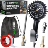 Rhino USA Tire Pressure Gauge with Inflator (0-100 PSI) - Heavy Duty Air Chuck and Compressor Accessories with Stainless Braided Hose, Large Analog Dial and Solid Brass Hardware for Truck and RV