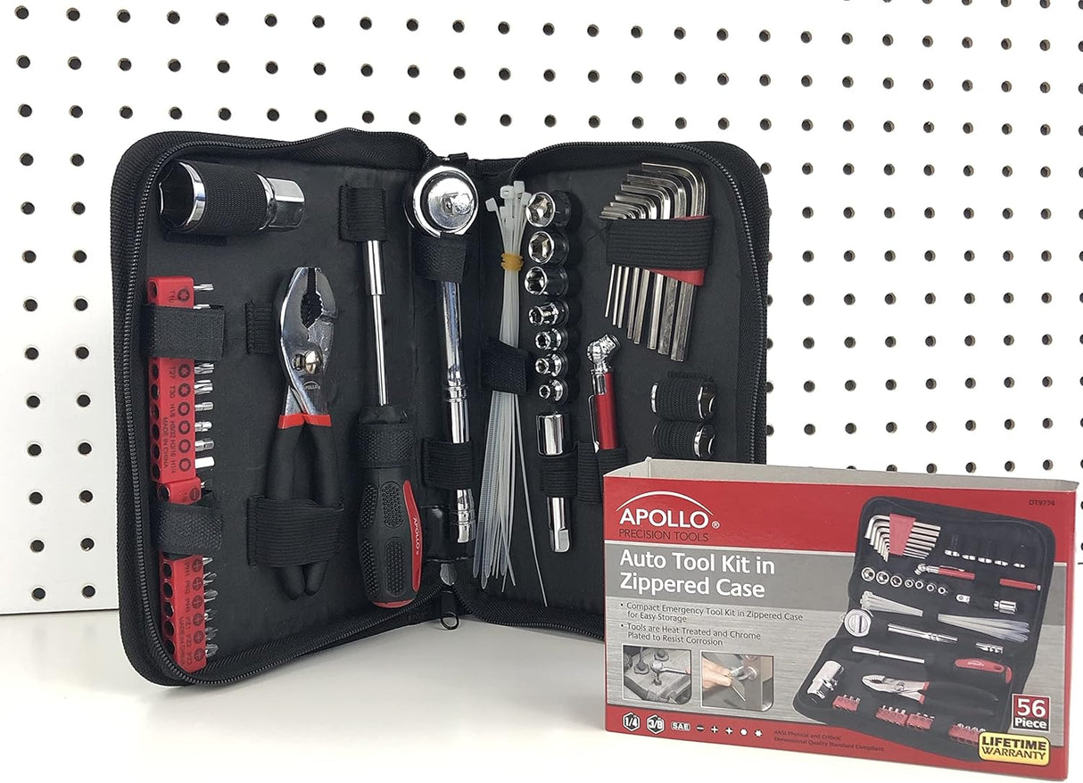 Apollo Tools 56 Piece Compact SAE Auto Tool Set in Zippered Case, Small Mechanic Tool Set for Car Emergency, Motorcycle Repair on the Road, Great for Travel Tool Needs - Red - DT9774